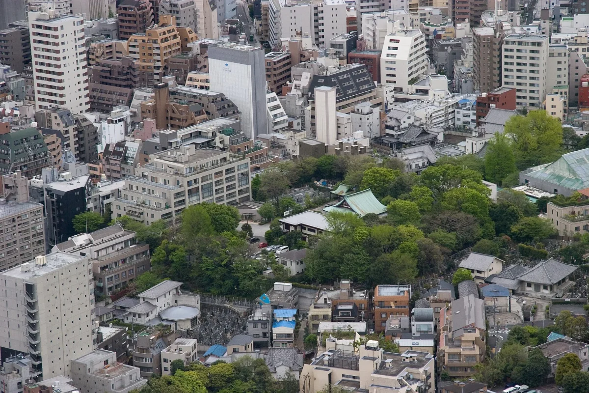 Tokyo’da yüksekten görünen, sıkışık düzende yerleşmiş alçak katlı konut dokusu